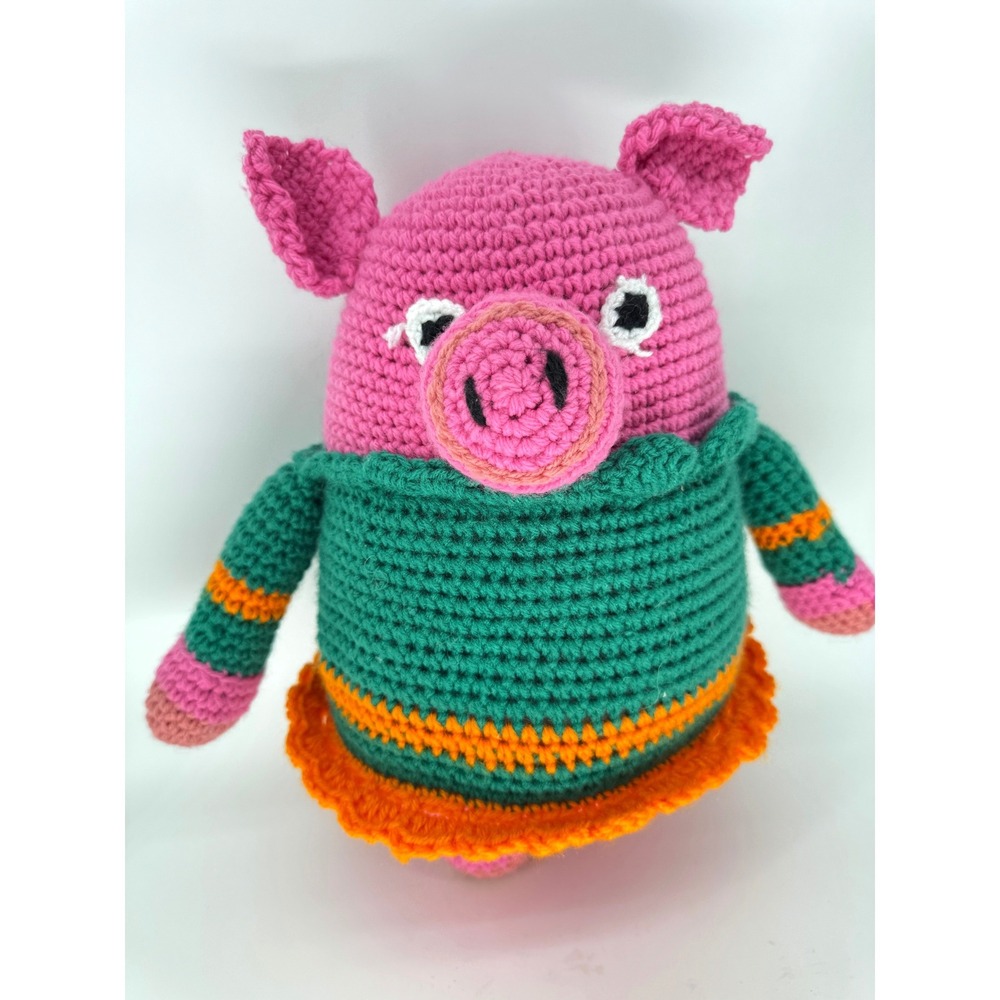 Handmade Crochet Pig Plush Large Pink Green Amigurumi Stuffed Animal Toy